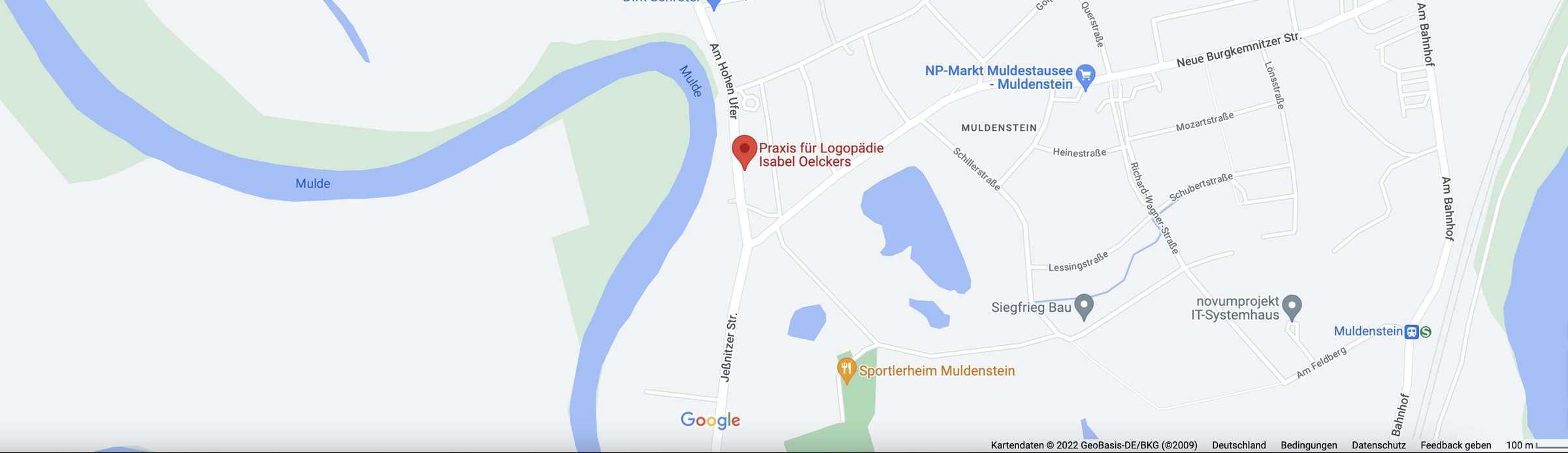 Kartenausschnitt Muldenstein mit Standort der Praxis Am Hohen Ufer 6